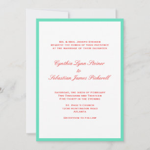 Simply color border red teal wedding invitation