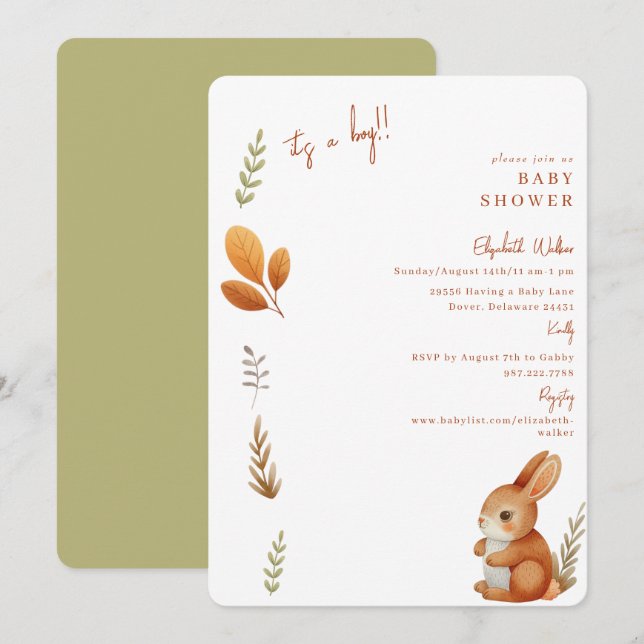 Simply Cute Boho Bunny It's a Boy Baby Shower Invitation (Front/Back)