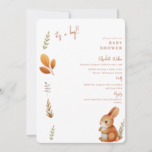 Simply Cute Boho Bunny It's a Boy Baby Shower Invitation (Front)