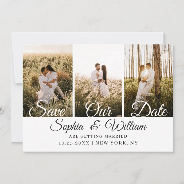 Simply Elegant 3 Photo Wedding Save The Date (Front)