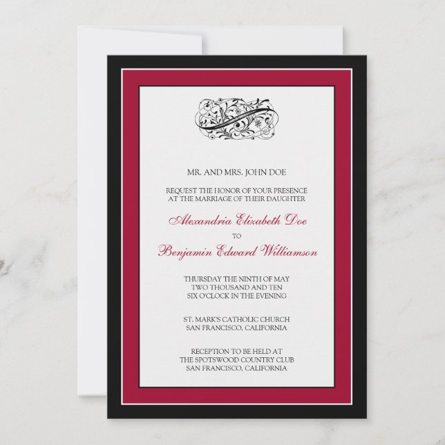 Simply Elegant 5x7 Black/Cranberry Wedding Invite (Front)