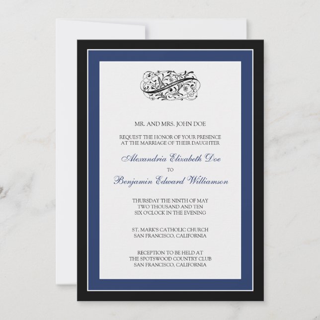 Simply Elegant 5x7 Black/Navy Wedding Invite (Front)