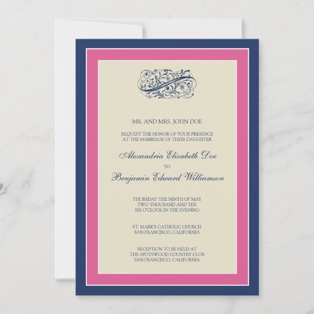 Simply Elegant 5x7 Fuchsia/Navy Wedding Invite (Front)