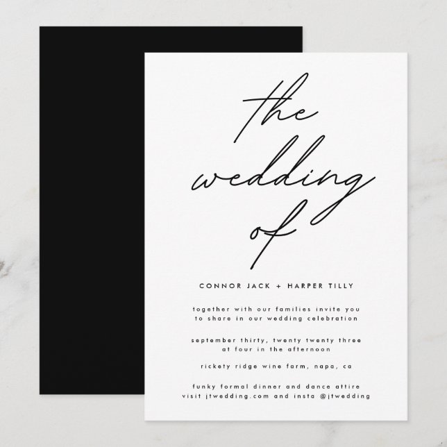 Simply Elegant Black White Text Wedding Invitation (Front/Back)