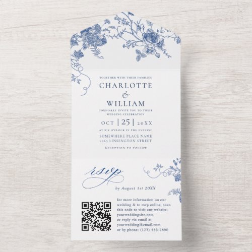 Simply Elegant Blue France Garden Flowers Wedding All In One Invitation