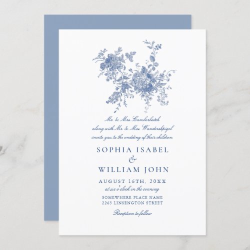 Simply Elegant Blue French Garden Floral Wedding Invitation