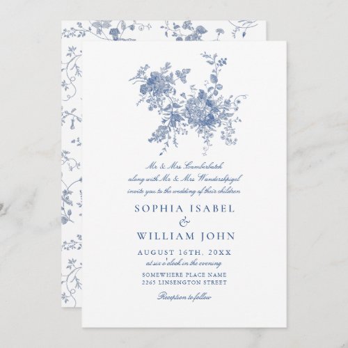 Simply Elegant Blue French Garden Floral Wedding Invitation