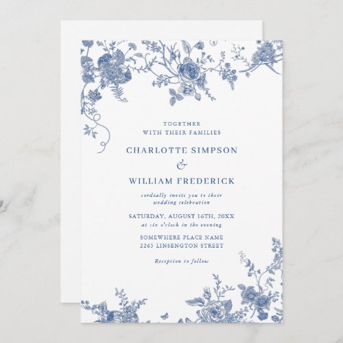 Simply Elegant Blue French Garden Floral Wedding Invitation