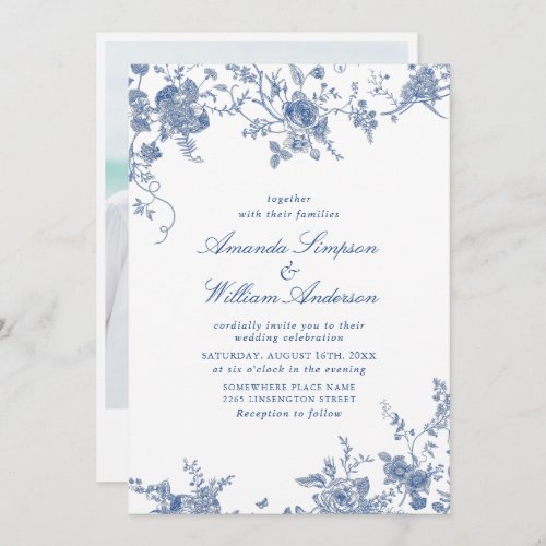Simply Elegant Blue French Garden Photo Wedding Invitation