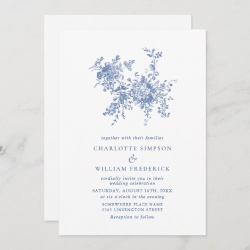 Simply Elegant Blue French Toile Floral Wedding Invitation