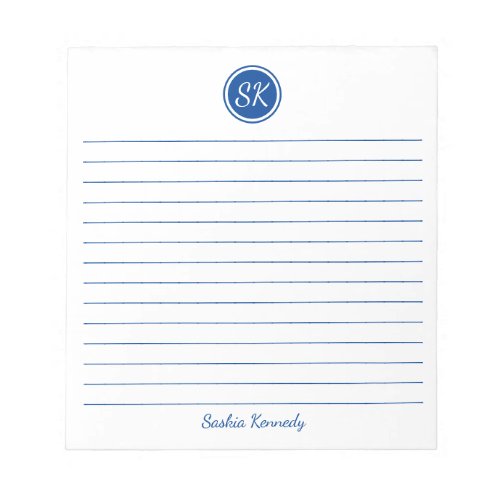 Simply Elegant Blue Lined Monogram Name Notepad