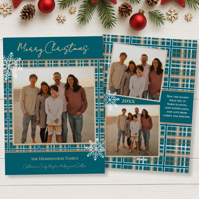 Simply Elegant Blue Plaid Snowflakes Christmas Holiday Card (Creator Uploaded)