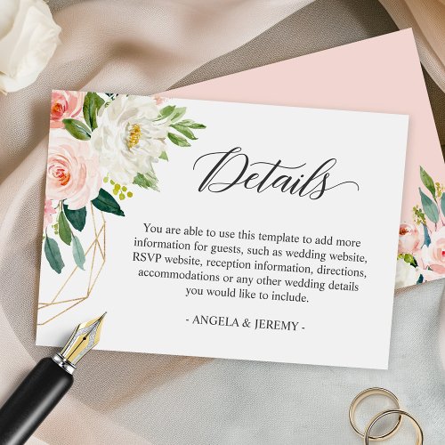 Simply Elegant Blush Pink Floral Wedding Details Enclosure Card