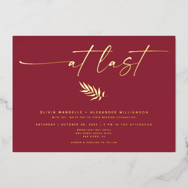 Simply Elegant Burgundy Wedding Calligraphy Photo  Foil Invitation (Front)