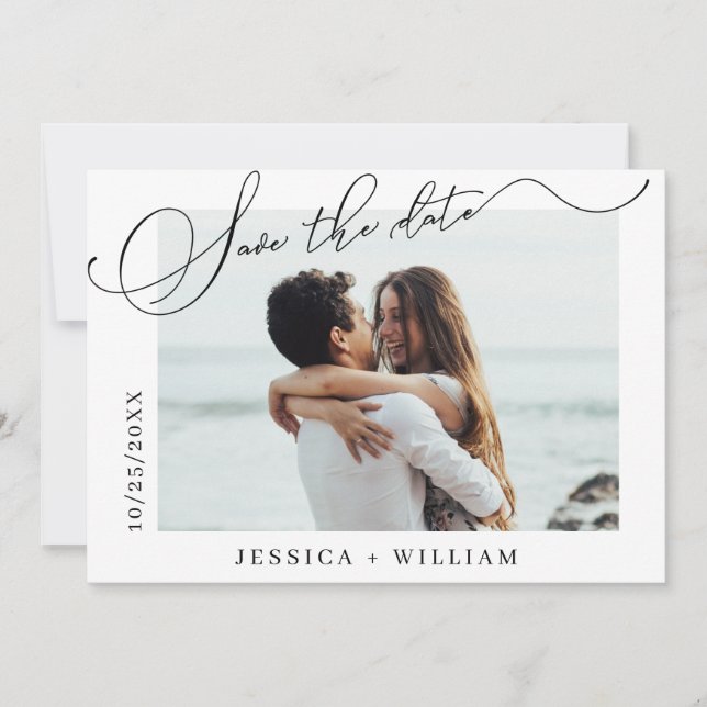 Simply Elegant Calligraphy Wedding 4 Photo Simple  Save The Date (Front)