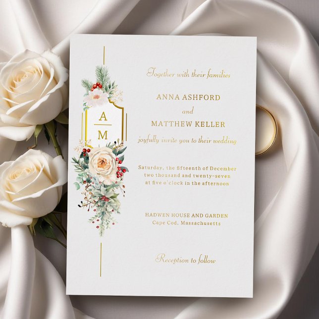 Simply Elegant Christmas Floral Monogram Foil Invitation (Creator Uploaded)