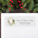 Simply Elegant Christmas Floral Monogram Label<br><div class="desc">This lovely winter botanical address label features bouquets of ivory roses and flowers,  red holly berries,  fir and golden snowflakes surrounding an elegant gold label for your monogram on a pale pearl grey background. Includes editable text fields.</div>