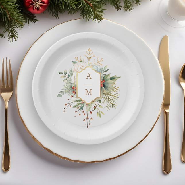 Simply Elegant Christmas Floral Monogram Paper Plates (Creator Uploaded)