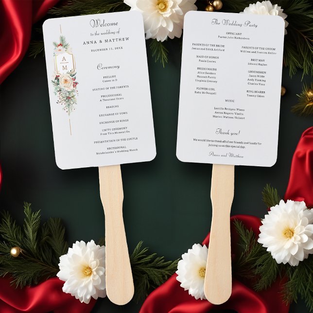 Simply Elegant Christmas Floral Monogram Program Hand Fan (Creator Uploaded)