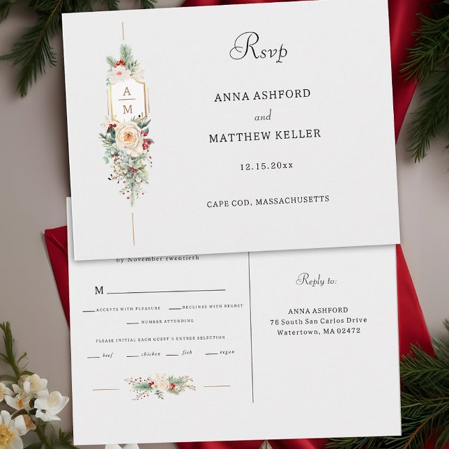 Simply Elegant Christmas Floral Monogram RSVP Postcard (Creator Uploaded)