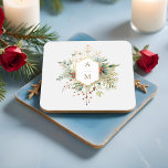 Simply Elegant Christmas Floral Monogram Square Paper Coaster<br><div class="desc">This lovely winter botanical coaster features bouquets of ivory roses and flowers,  red holly berries,  fir and golden snowflakes surrounding an elegant gold label for your monogram on a pale pearl grey background. Includes editable text fields.</div>