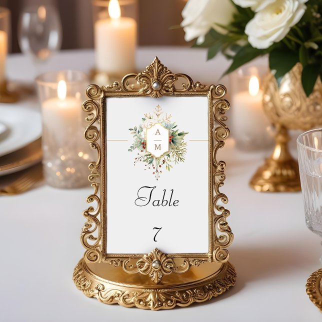 Simply Elegant Christmas Floral Monogram Table Number (Creator Uploaded)