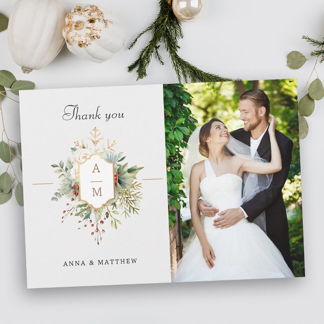 Simply Elegant Christmas Floral Monogram Thank You Card (Creator Uploaded)