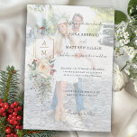 Simply Elegant Christmas Floral Monogram Vellum Invitations<br><div class="desc">This lovely winter botanical semi-opaque vellum invitation features bouquets of ivory roses and flowers,  red holly berries,  fir and golden snowflakes surrounding an elegant gold label for your monogram on a pale pearl grey background. Includes editable text fields.</div>