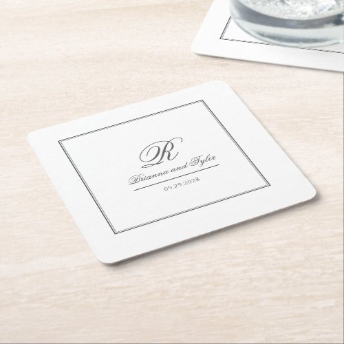 Simply Elegant Classic Wedding Monogram Square Paper Coaster