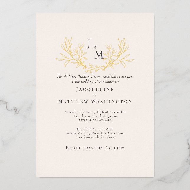 Simply Elegant Cream Foliage Wedding Gold Foil Invitation (Front)