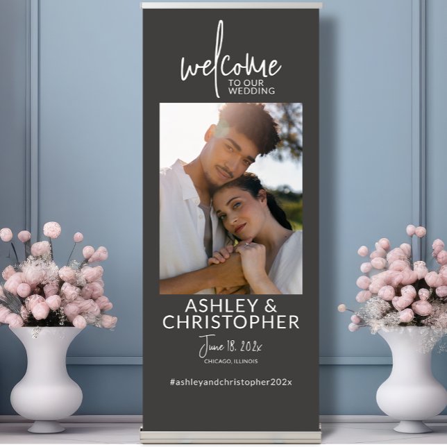Simply Elegant Dark Slate Photo Wedding Welcome Retractable Banner (Creator Uploaded)
