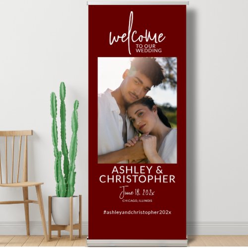 Simply Elegant Deep Red Photo Wedding Welcome Retractable Banner