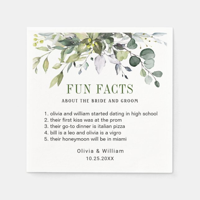 Simply Elegant Eucalyptus Fun Facts Wedding  Napkins (Front)