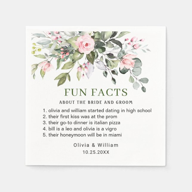 Simply Elegant Eucalyptus Fun Facts Wedding Napkins (Front)