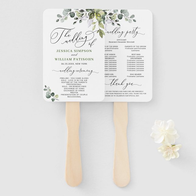 Simply Elegant Eucalyptus Wedding Program Hand Fan (Front and Back)