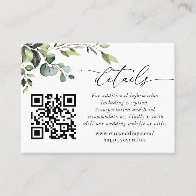 Simply Elegant Eucalyptus Wedding QR Code Details Enclosure Card (Front)