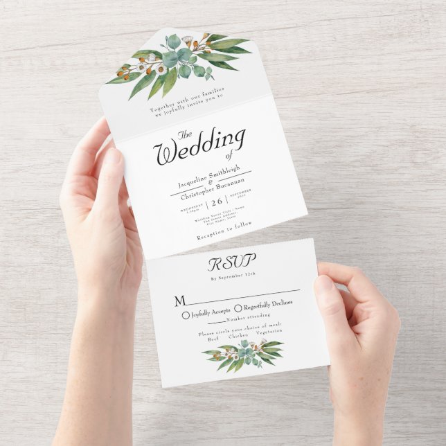 Simply Elegant Eucalyptus Wedding RSVP And All In One Invitation (Tearaway)
