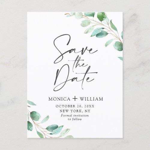 Simply Elegant Eucalyptus Wedding Save the Date Announcement Postcard
