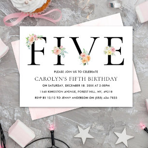 Simply Elegant Floral FIVE 5th Birthday Invitation
