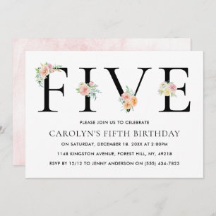 Simply Elegant Floral FIVE 5th Birthday Invitation