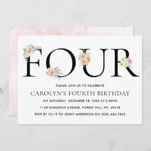 Simply Elegant Floral FOUR 4th Birthday Invitation