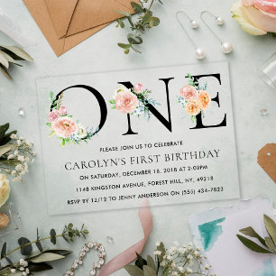 Simply Elegant Floral ONE 1st Birthday Party Acrylic Invitations