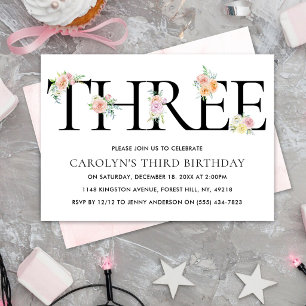 Simply Elegant Floral THREE 3rd Birthday Invitation