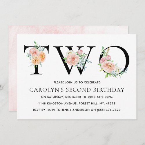 Simply Elegant Floral TWO 2nd Birthday Party Invitation