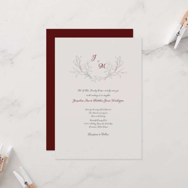 Simply Elegant Foliage Maroon & Cream Invitation (Front/Back In Situ)