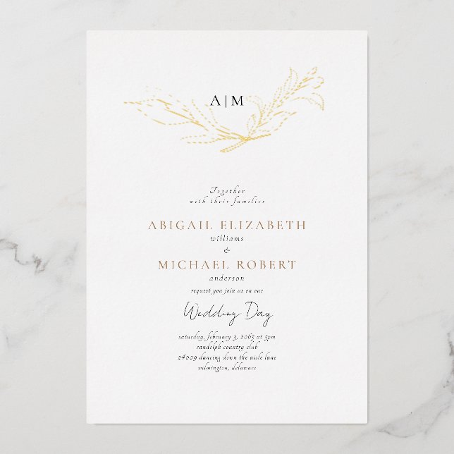 Simply Elegant Foliage Wedding Gold Foil Invitation (Front)