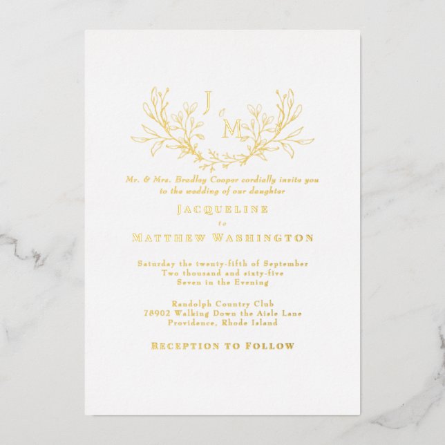 Simply Elegant  Foliage White Wedding Gold Foil Invitation (Front)