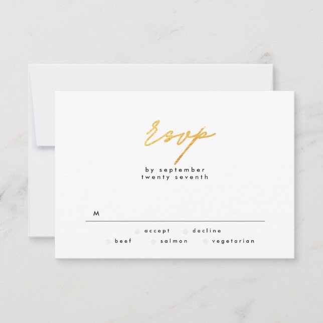 Simply Elegant Gold Foil and White Text Wedding RSVP Card (Front)