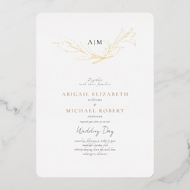 Simply Elegant Gold Foil Foliage Rounded Wedding Invitation (Front)