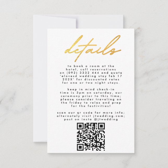 Simply Elegant Gold & White Text Wedding QR CODE RSVP Card (Front)